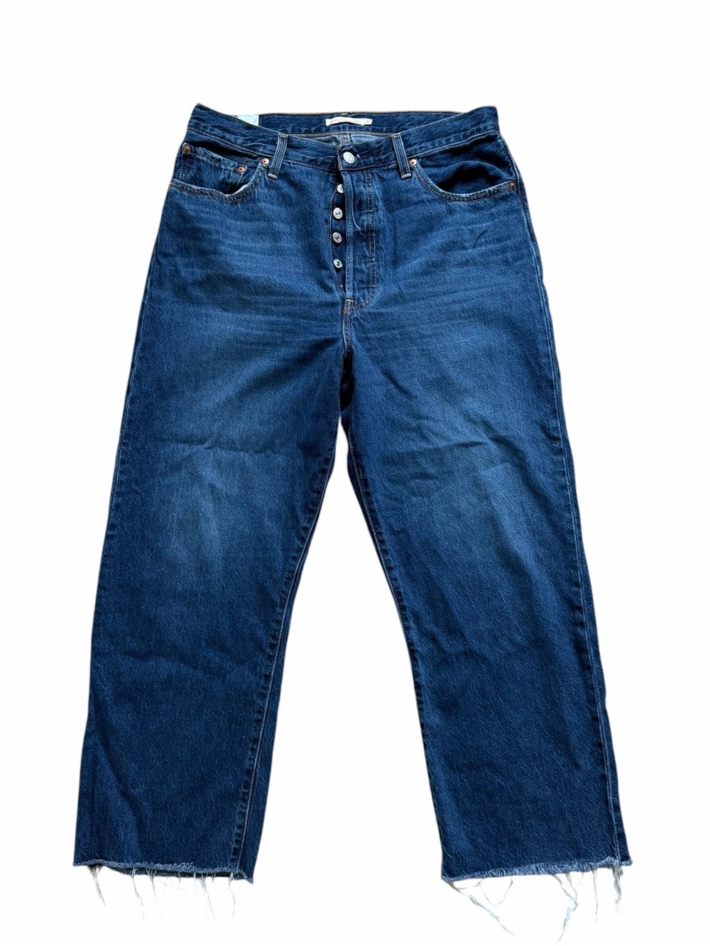 Levi’s Ribcage Straight Ankle Jeans Size 32 Dark Blue Denim High Rise Raw Hem